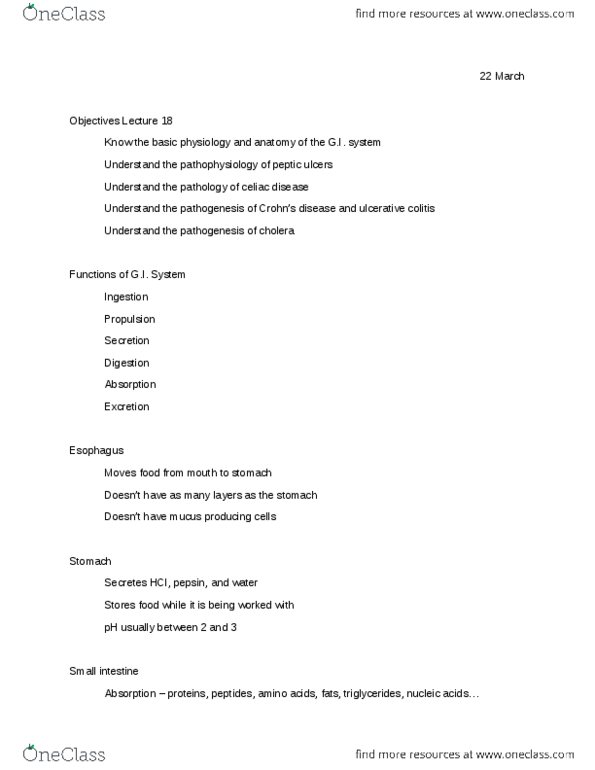MIP 315A Lecture Notes - Ulcerative Colitis, Coeliac Disease, Pepsin thumbnail