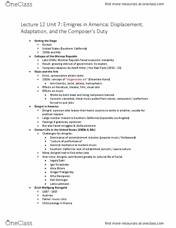 MUS 15 Lecture Notes - Lecture 12: Erich Wolfgang Korngold, Gregor Piatigorsky, Lotte Lehmann thumbnail