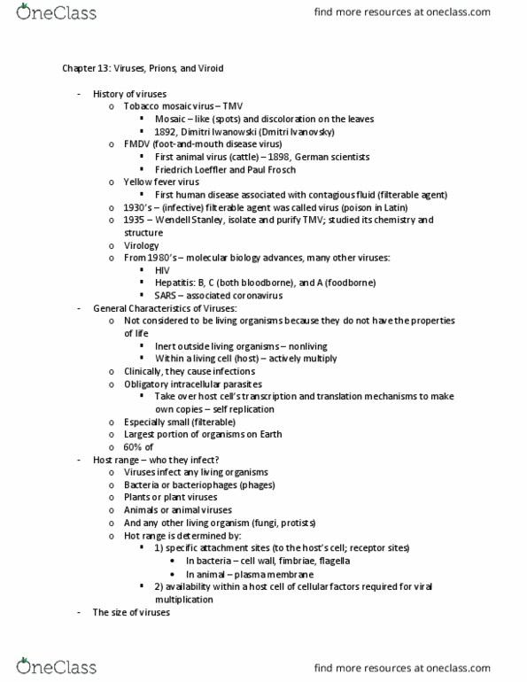 BIOL 2100 Lecture Notes - Lecture 10: Dmitri Ivanovsky, Tobacco Mosaic Virus, Friedrich Loeffler thumbnail