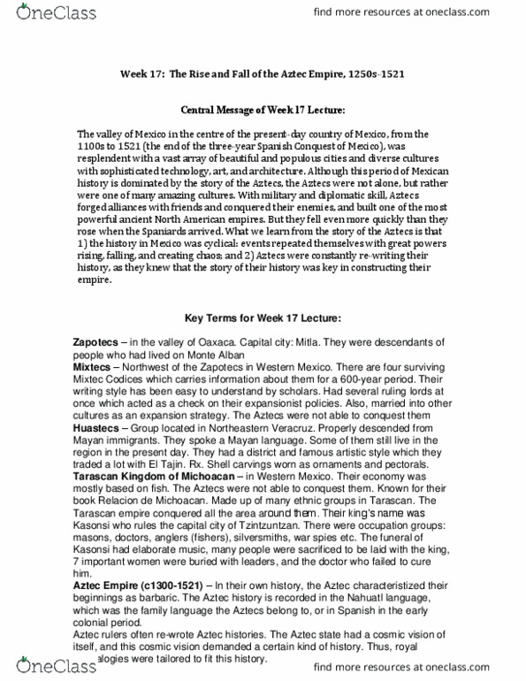 HIST 1010 Lecture Notes - Lecture 7: Cosmic Vision, Monte Albán, Nahuatl thumbnail