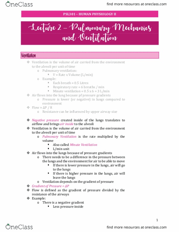 PSL301H1 Lecture Notes - Lecture 2: Respiratory Rate, Respiratory Minute Volume thumbnail