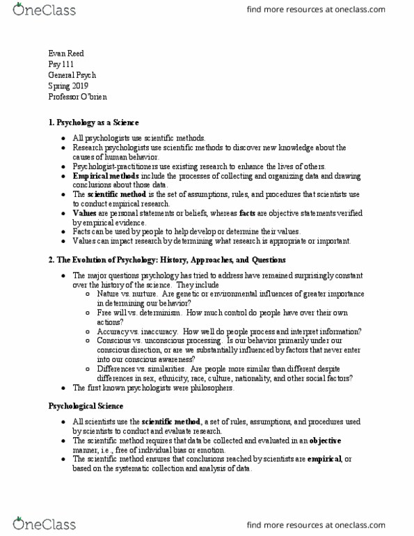 PSY 111 Lecture Notes - Lecture 1: Psy, Operational Definition, Scientific Method thumbnail