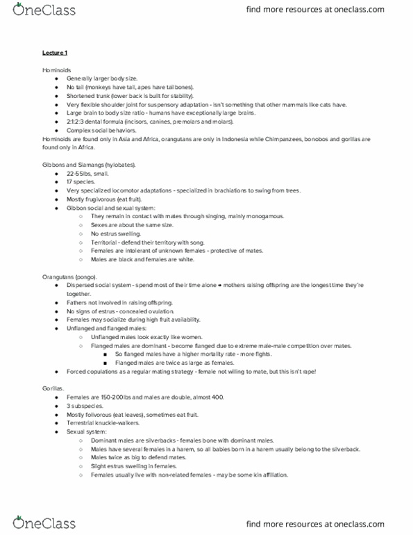 CAS AN 263 Lecture Notes - Lecture 1: Concealed Ovulation, Estrous Cycle, Hylobates thumbnail