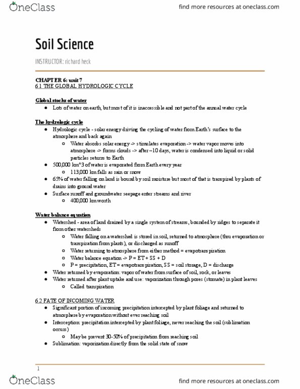 ENVS 2060 Chapter Notes - Chapter 6: Plant Cover, Water Cycle, Soil Management thumbnail