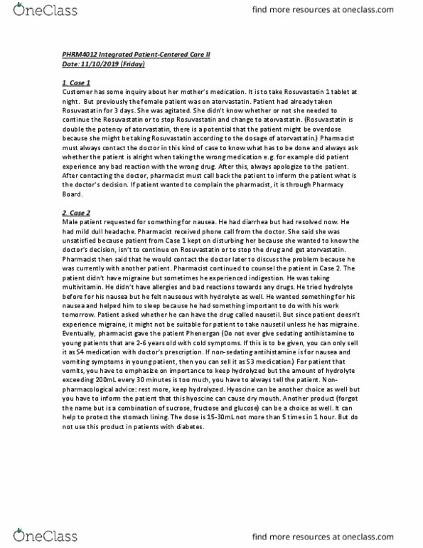 PHRM4012 Lecture Notes - Lecture 11: Rosuvastatin, Atorvastatin, Promethazine thumbnail