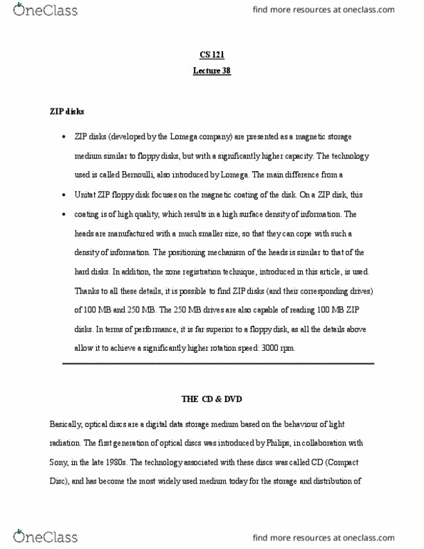 CS 121 Lecture Notes - Lecture 38: Magnetic Storage, Floppy Disk, Polycarbonate thumbnail