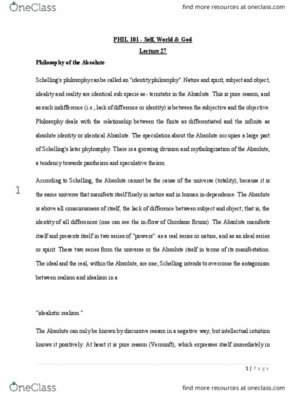 PHIL 101 Lecture Notes - Lecture 27: Natura Naturata, Absolute Idealism, Pantheism thumbnail