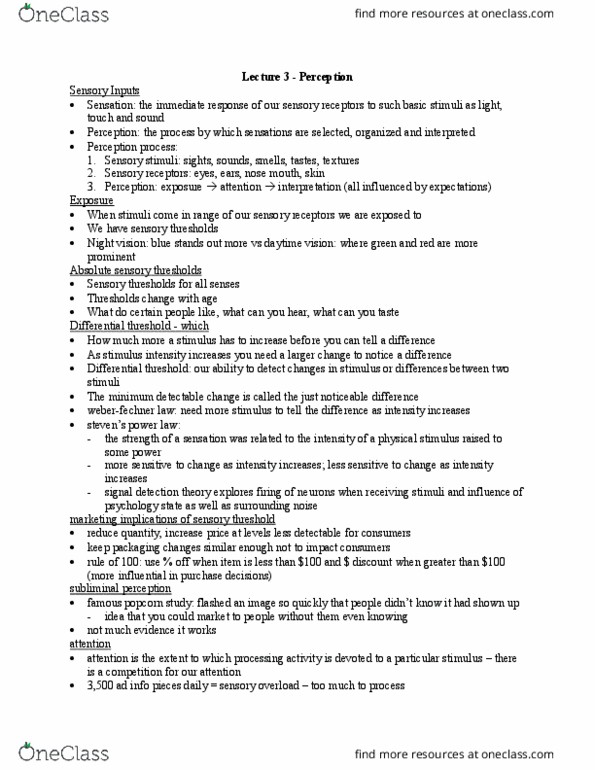 BU432 Lecture Notes - Lecture 3: Detection Theory, Sensory Threshold, Subliminal Stimuli thumbnail