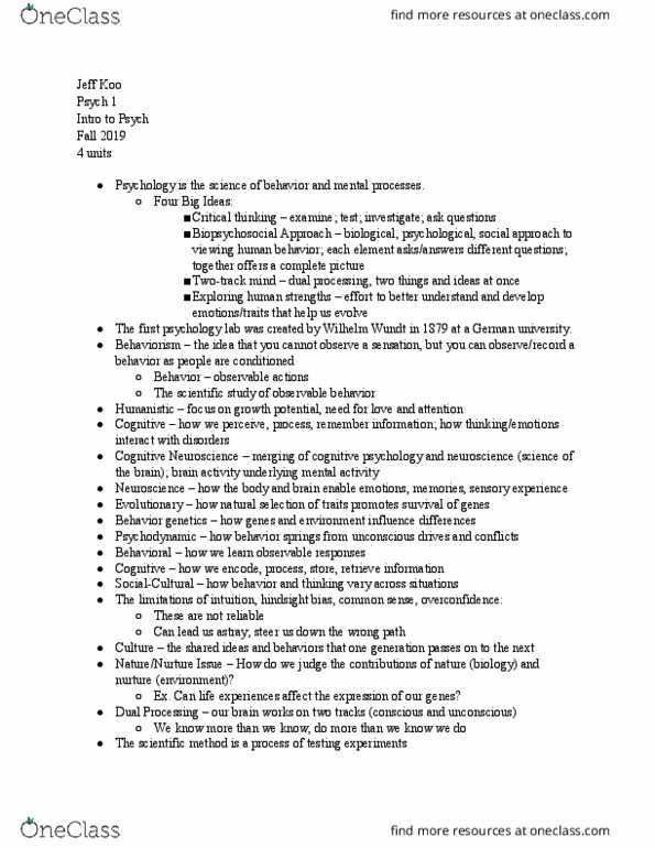 PSYC 1 Lecture Notes - Lecture 1: Wilhelm Wundt, Cognitive Psychology, Behaviorism thumbnail
