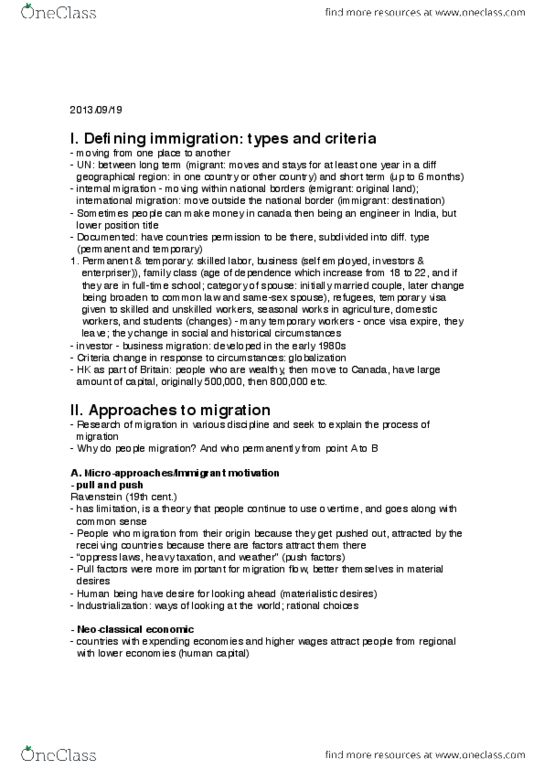 SOSC 1130 Lecture Notes - Immigration, Human Capital, Chain Migration thumbnail