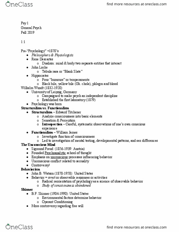 PSY 001 Lecture Notes - Lecture 1: Tabula Rasa, Wilhelm Wundt, Edward B. Titchener thumbnail