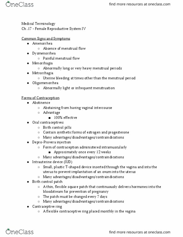 BIOL 212 Lecture Notes - Lecture 17: Metrorrhagia, Reproductive System, Amenorrhoea thumbnail