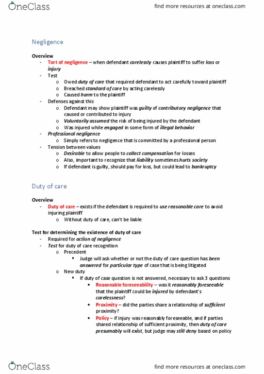 LAW 122 Chapter Notes - Chapter 6: Product Liability, Reasonable Person, Contributory Negligence thumbnail