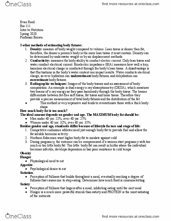 BIO 111 Lecture Notes - Lecture 20: Lean Body Mass, Dual-Energy X-Ray Absorptiometry, Leptin thumbnail