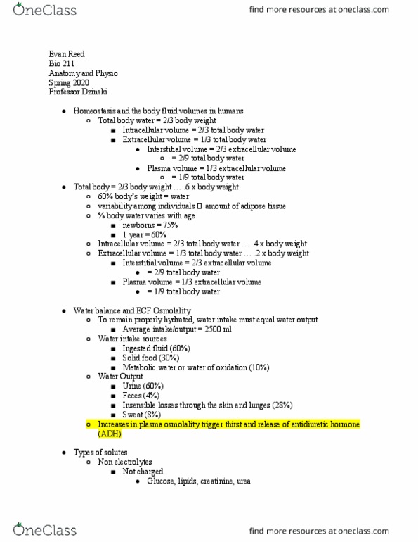 BIO 211 Lecture Notes - Lecture 3: Body Water, Plasma Osmolality, Molality thumbnail