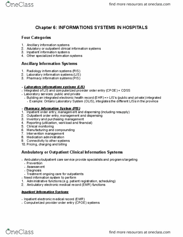 HLST 2040 Lecture Notes - Lecture 6: Computerized Physician Order Entry, Monitoring In Clinical Trials, Decision Support System thumbnail