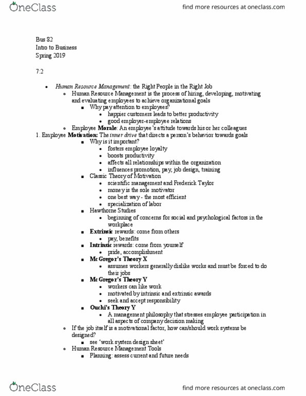 BUS 082 Lecture Notes - Lecture 14: Hawthorne Effect, Job Analysis, Fair Labor Standards Act thumbnail