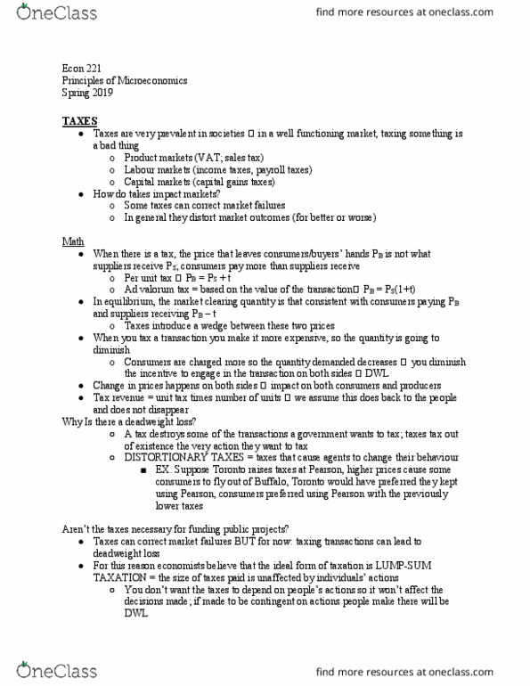 ECON-221 Lecture Notes - Lecture 16: Deadweight Loss, Market Clearing, Tax Incidence thumbnail