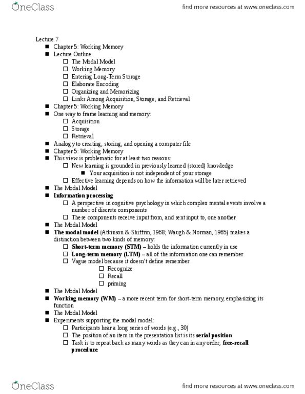 PS260 Lecture Notes - Lecture 7: Long-Term Memory, Free Recall, Cognitive Psychology thumbnail