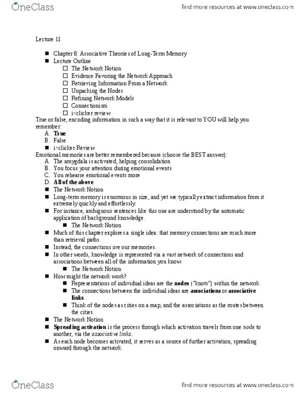 PS260 Lecture Notes - Lecture 11: Network One, Spreading Activation, Amygdala thumbnail