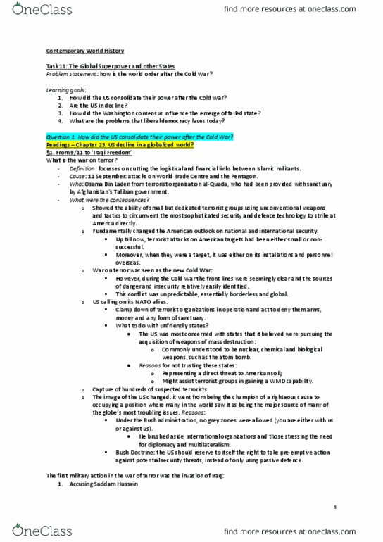 PSY 034 Lecture Notes - Lecture 27: Osama Bin Laden, Bush Doctrine, Washington Consensus thumbnail