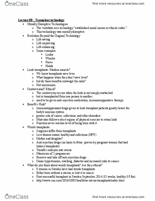 MEDRADSC 3Y03 Lecture Notes - Lecture 8: Uterus Transplantation, Immunosuppression, Maypole thumbnail