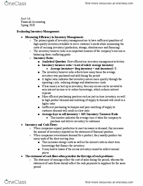 ACCT 1A Lecture Notes - Lecture 3: Inventory Turnover thumbnail