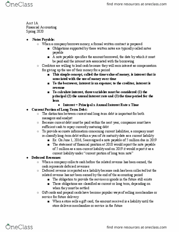 ACCT 1A Lecture Notes - Lecture 17: Promissory Note, Gift Card, Current Liability thumbnail