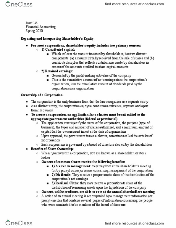 ACCT 1A Lecture Notes - Lecture 29: Authorised Capital, Retained Earnings, Issued Shares thumbnail