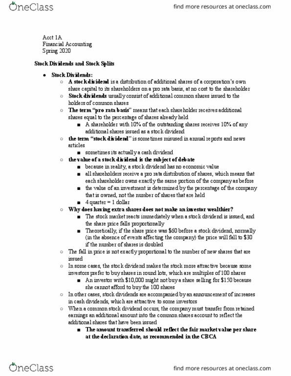 ACCT 1A Lecture Notes - Lecture 32: Dividend, Issued Shares, Stock Split thumbnail