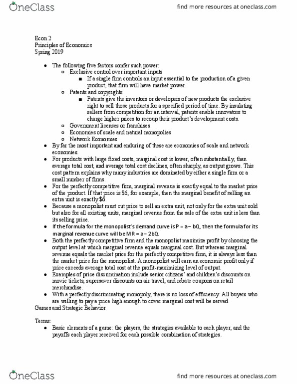 ECON 2 Lecture Notes - Lecture 24: Price Discrimination, Marginal Revenue, Perfect Competition thumbnail