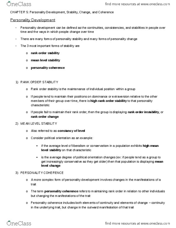 PSYC 2740 Lecture Notes - Personality Development, Complex Differential Form, Trait Theory thumbnail