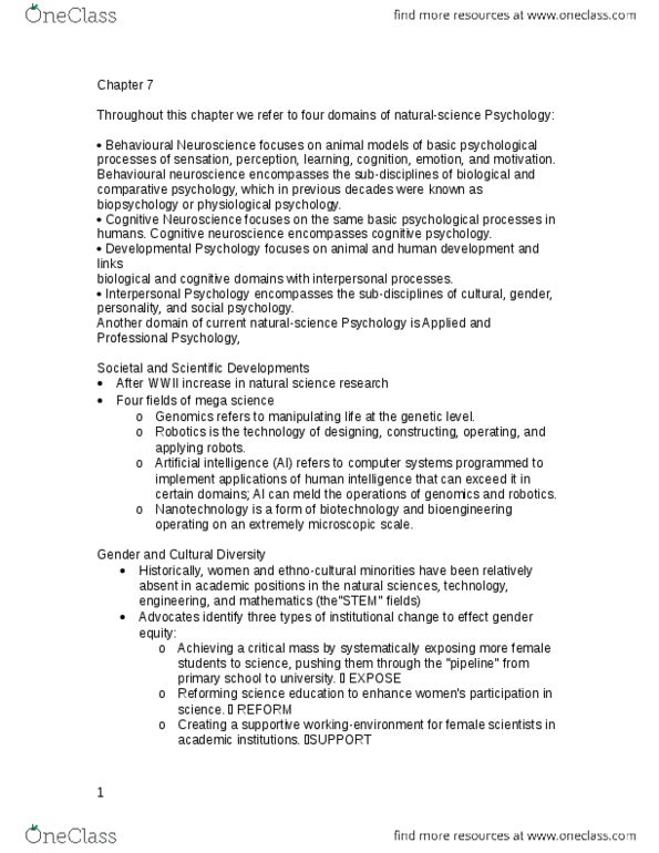 PS390 Chapter Notes - Chapter 7: Cognitive Neuroscience, Biological Engineering, Cognitive Psychology thumbnail