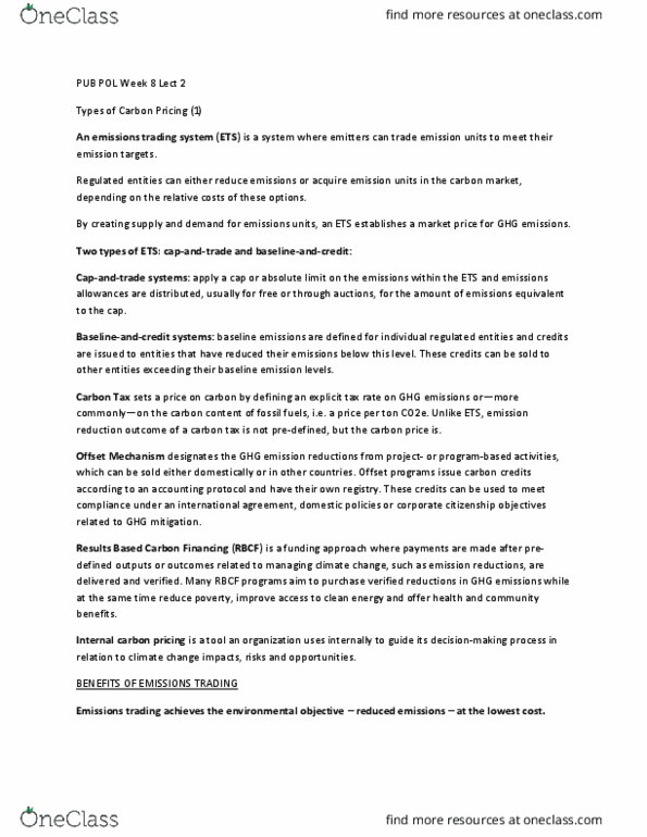 ENVIRON 157 Lecture Notes - Lecture 22: Electricity Market, Emissions Trading, Carbon Price thumbnail