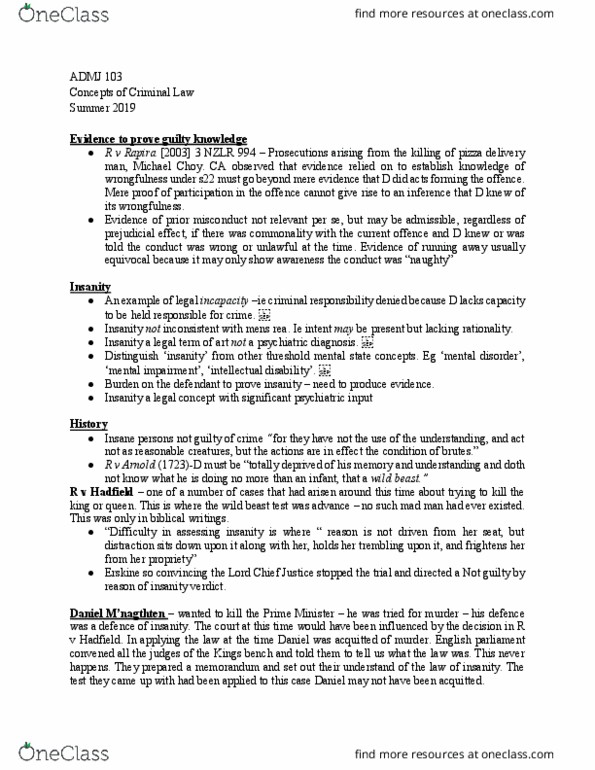 ADMJ 103 Lecture Notes - Lecture 16: Intellectual Disability, Mens Rea, Mental Disorder thumbnail