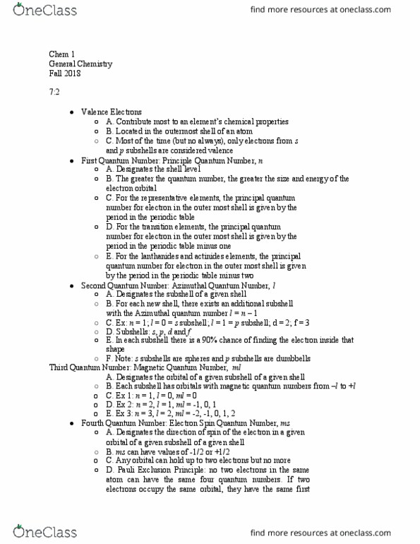 CHEM 001 Lecture Notes - Lecture 14: Pauli Exclusion Principle, Azimuthal Quantum Number thumbnail