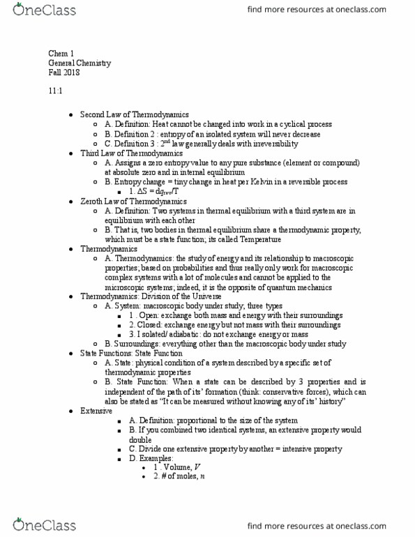 CHEM 001 Lecture Notes - Lecture 21: Thermodynamics, Intensive And Extensive Properties, Irreversible Process thumbnail