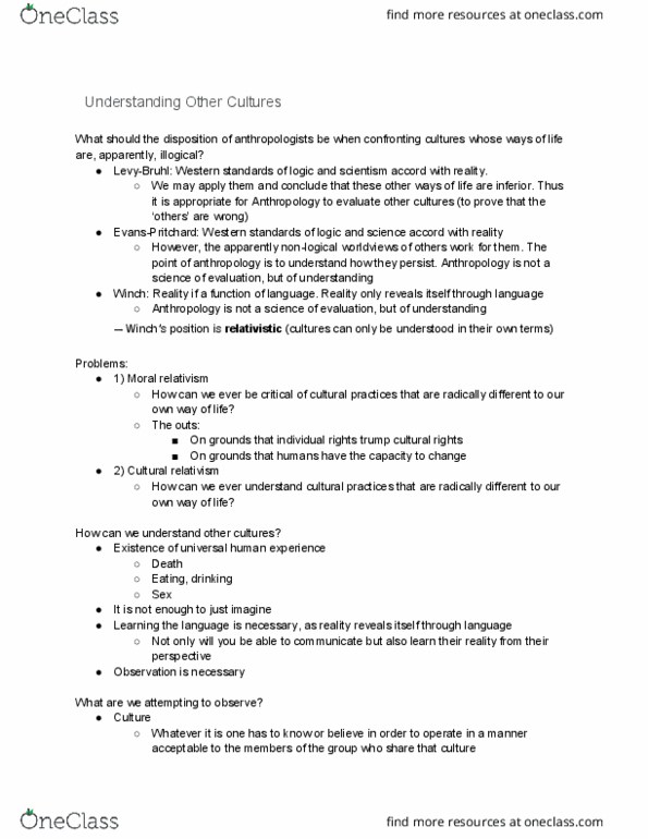 ANTH10001 Lecture Notes - Lecture 3: Body Language, Moral Relativism, Ethnic Group thumbnail