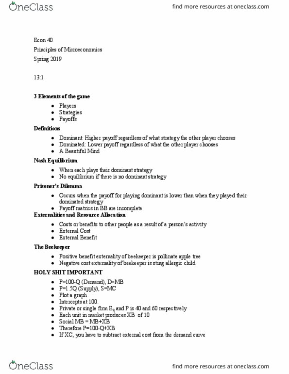 ECON 040 Lecture Notes - Lecture 25: Nash Equilibrium, Negative Cost, Strategic Dominance thumbnail