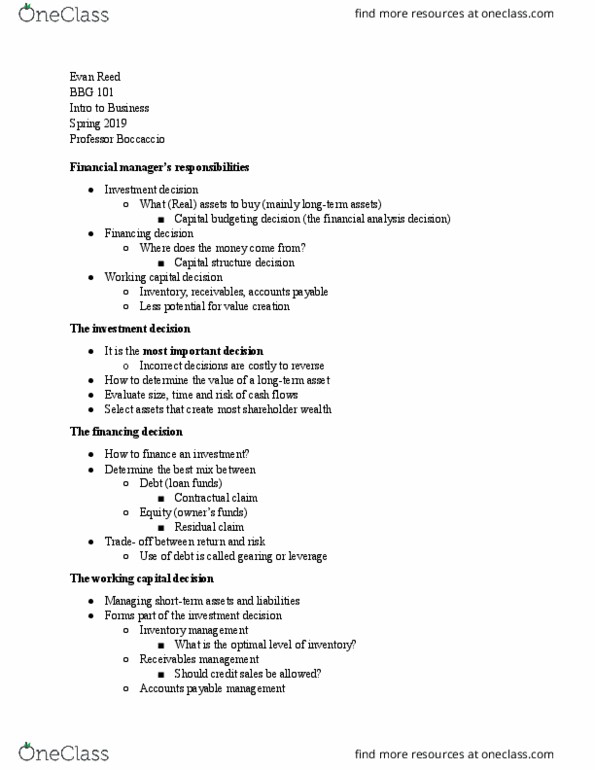 BBG 101 Lecture Notes - Lecture 4: Accounts Payable, Working Capital, Capital Budgeting thumbnail
