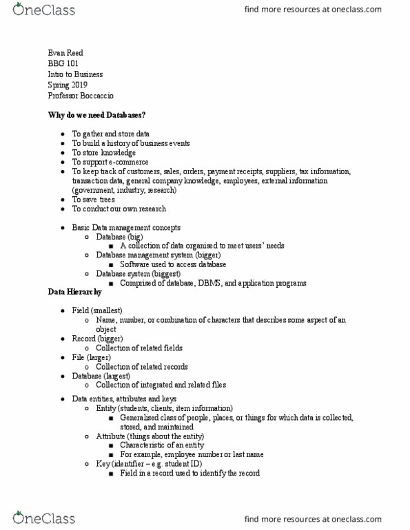 BBG 101 Lecture Notes - Lecture 17: Data Management, Database, Relational Model thumbnail