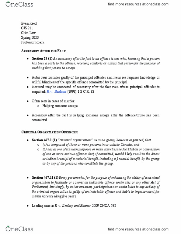 CJS 211 Lecture Notes - Lecture 26: Mens Rea, Indictable Offence, Organized Crime thumbnail