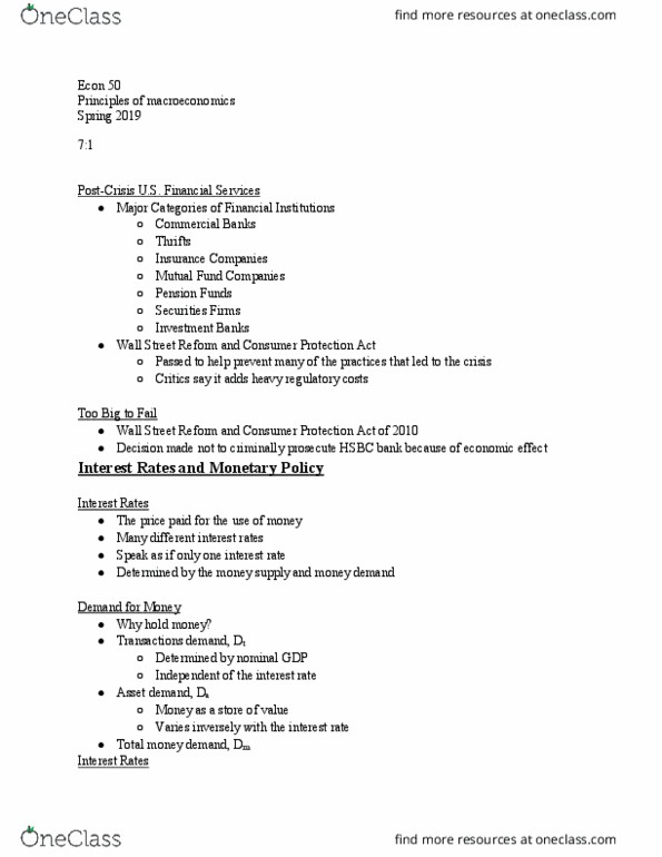 ECON 050 Lecture Notes - Lecture 13: Commercial Bank, Investment Banking, Money Supply thumbnail
