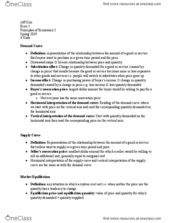 ECON 2 Lecture Notes - Lecture 4: Marginal Cost, Reservation Price, Demand Curve thumbnail