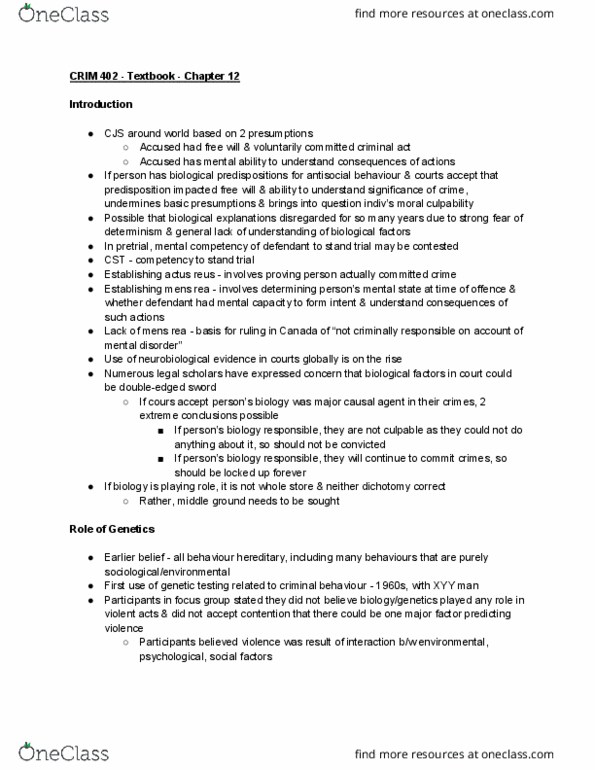 CRIM 402 Chapter Notes - Chapter 12: Actus Reus, Mens Rea, Genetic Testing thumbnail