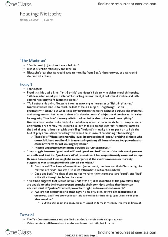 ARTSSCI 1A06 Chapter Notes - Chapter Nietzsche: Sparknotes, Lightning, Ressentiment thumbnail