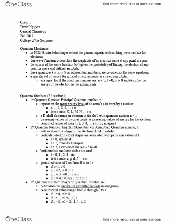 CHEM 001 Lecture Notes - Lecture 12: Quantum Number thumbnail