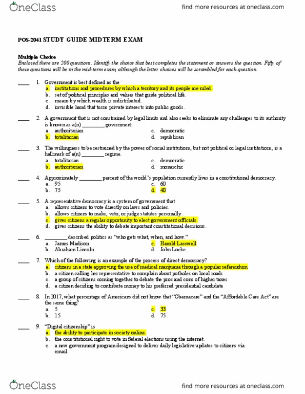 POS2041 Study Guide - Spring 2019, Midterm - Harold Lasswell, Liberal ...