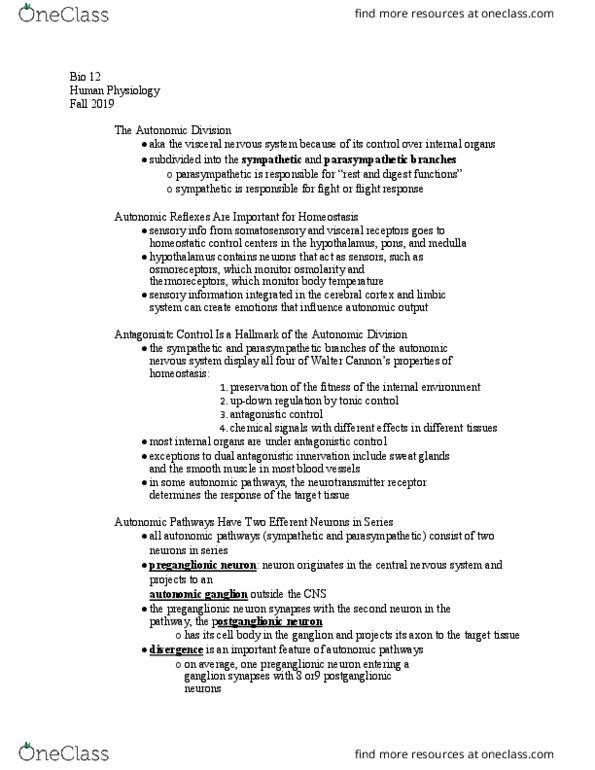 BIO 12D Lecture Notes - Lecture 21: Cranial Nerves, Limbic System, Postganglionic Nerve Fibers thumbnail