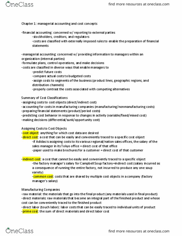 ACC 202 Chapter Notes - Chapter 1: Management Accounting, Accounts Receivable, Fixed Cost thumbnail